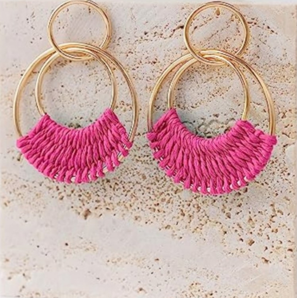 Dark Pink Woven Raffia Gold Hoop Earrings Wicker Hoops Boho Links Post Style New